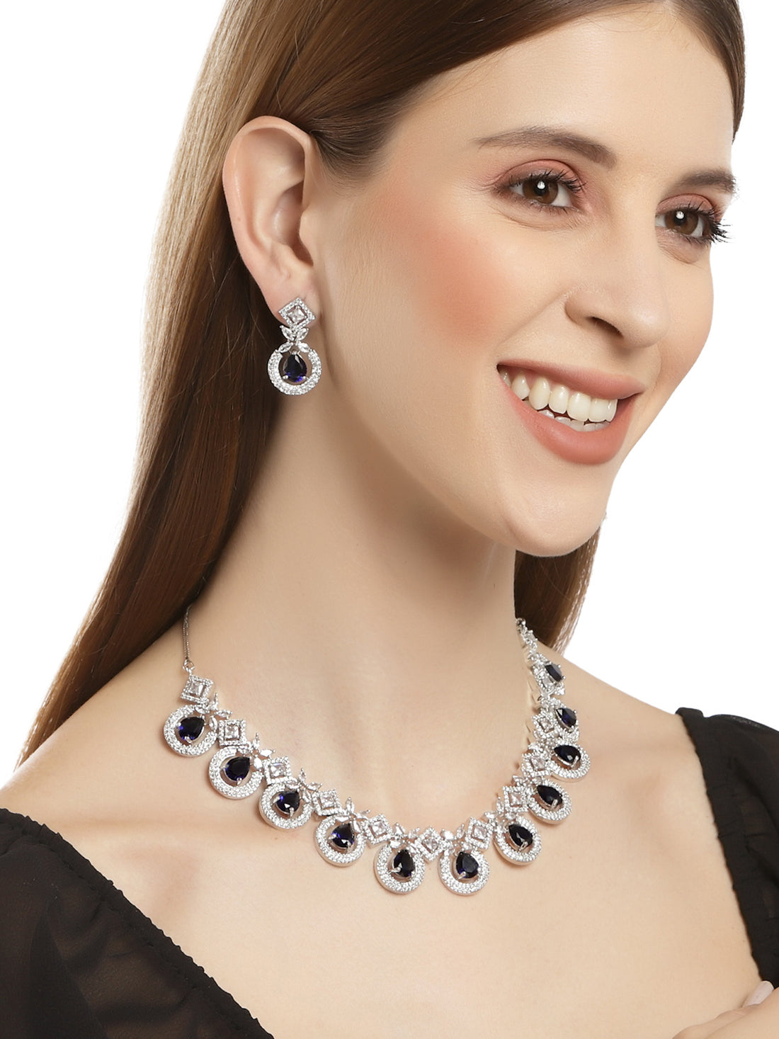 Karatcart Silver Tone Blue American Diamond Studded Necklace Set For Women