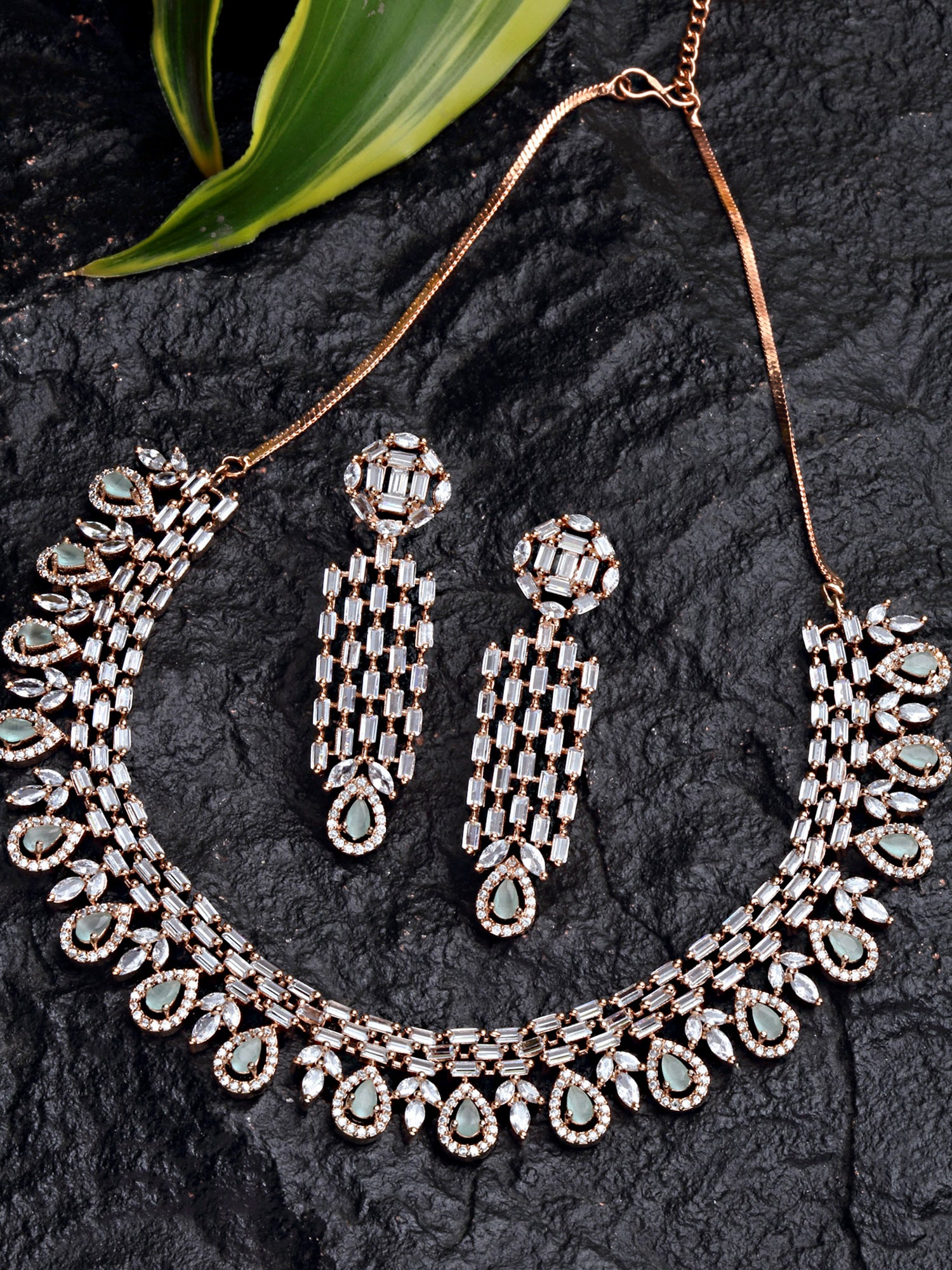 Karatcart Rose Gold Plated Lime Green Cubic Zirconia Studded Necklace Set For Women