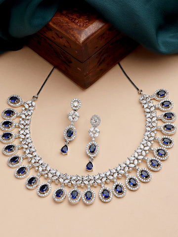 Karatcart Silver Tone Blue American Diamond Studded Necklace Set For Women