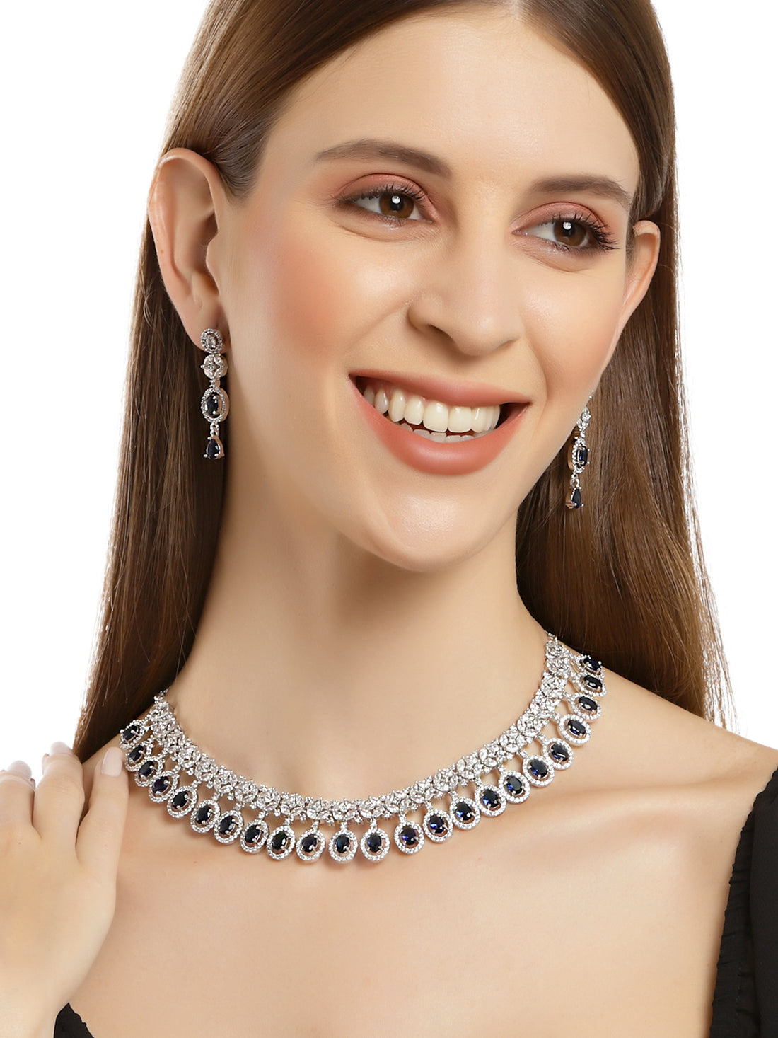 Karatcart Silver Tone Blue American Diamond Studded Necklace Set For Women