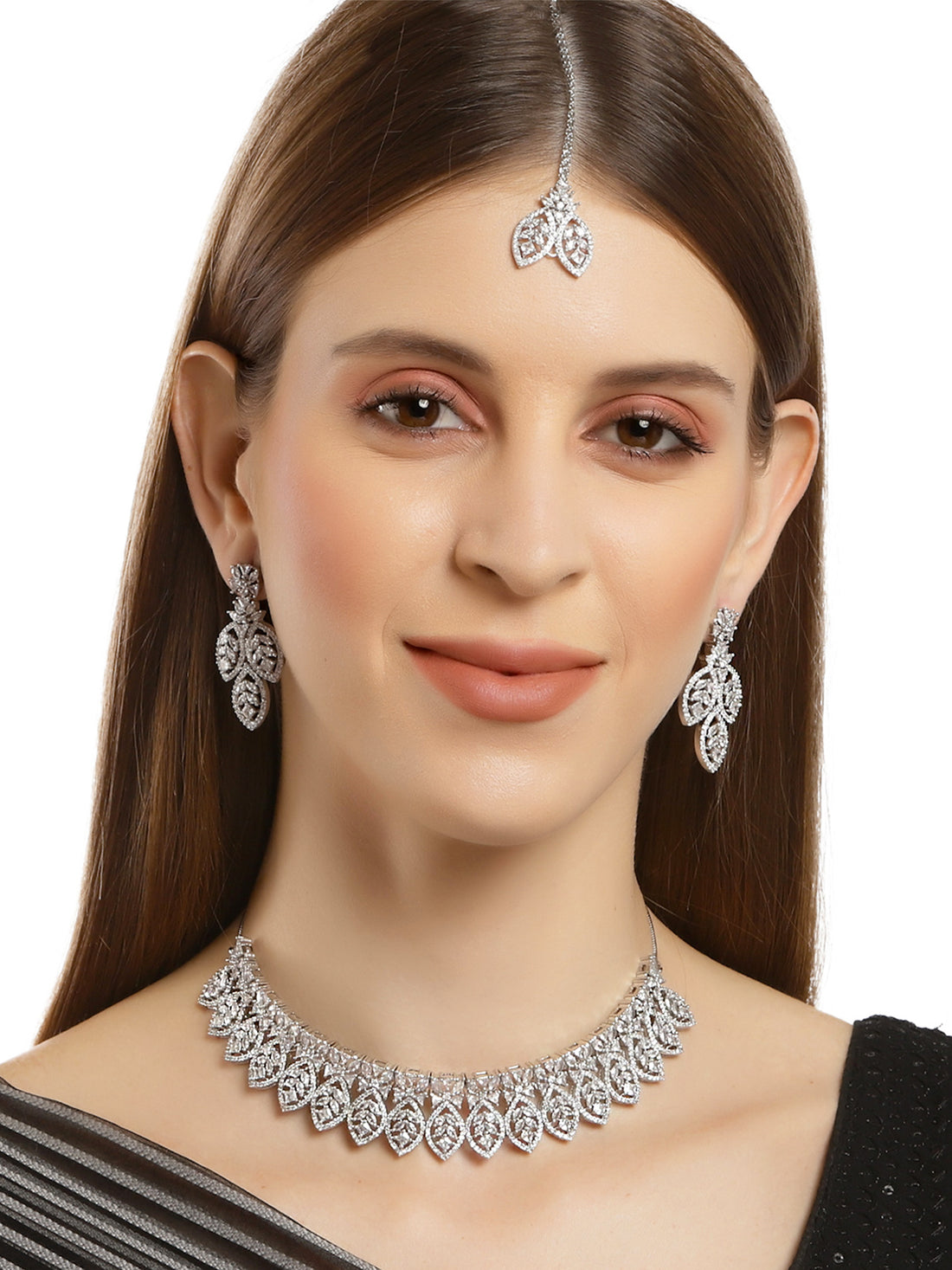 Karatcart Silver Tone American Diamond Studded Necklace Set For Women