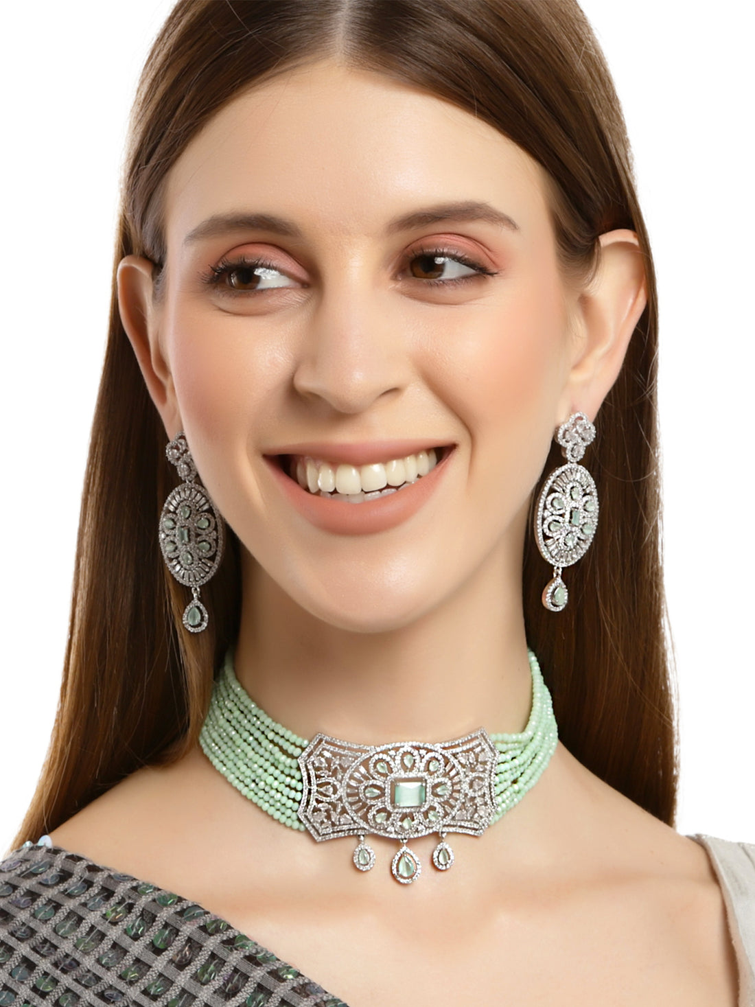 Karatcart Light Green Crystal Beaded American Diamond Choker Necklace Set for Women