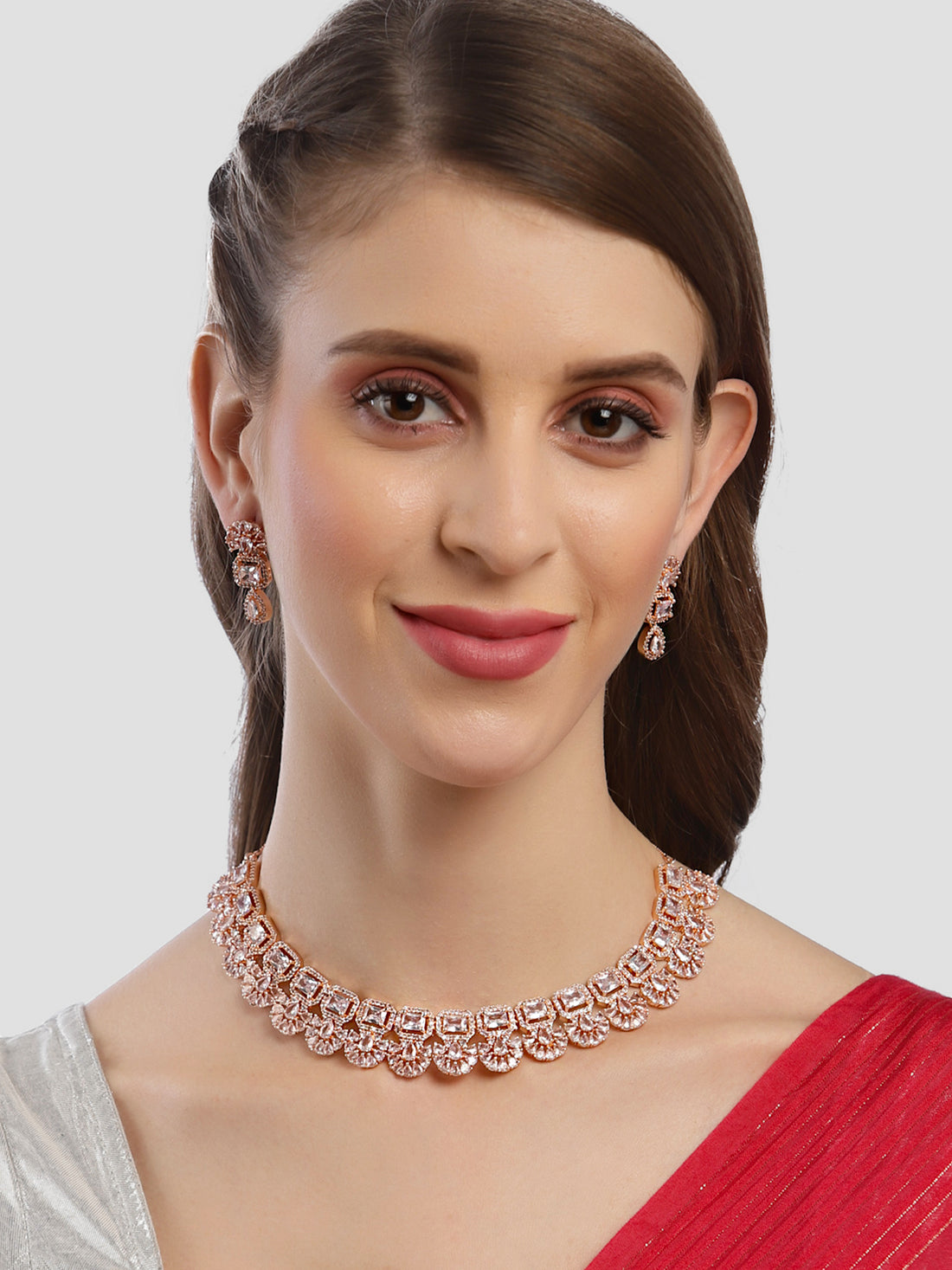 Karatcart Rose Gold Plated American Diamond Necklace Set for Women