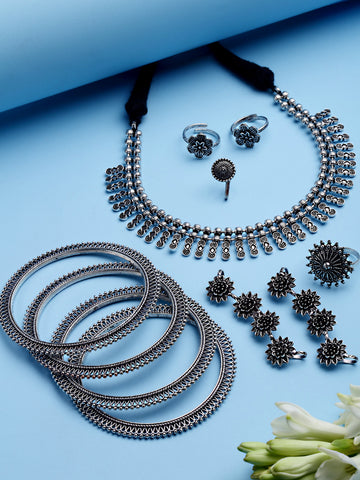 Karatcart Oxidised Silver Combo Tribal Jewellery Set for Womens