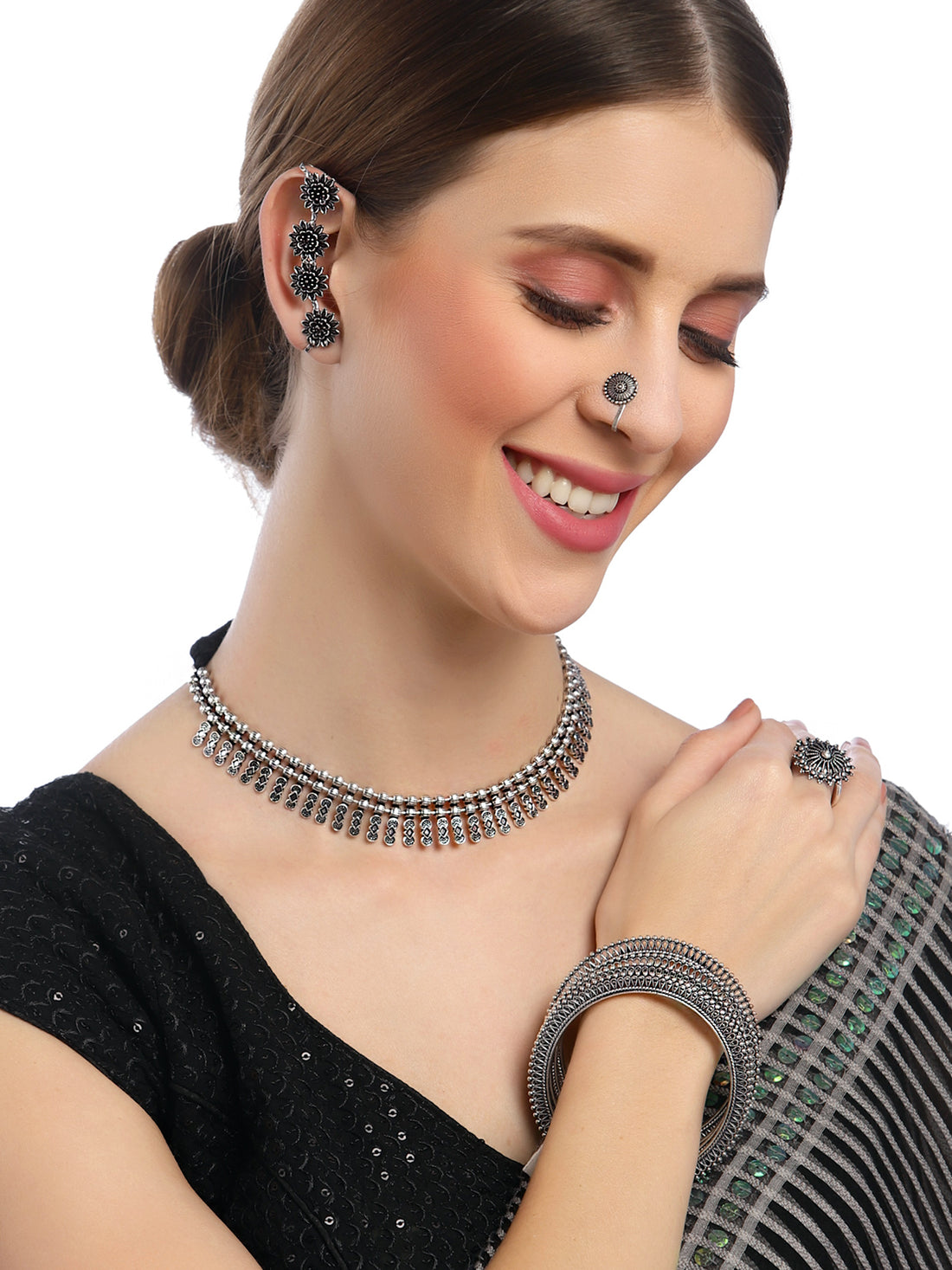 Karatcart Oxidised Silver Combo Tribal Jewellery Set for Womens