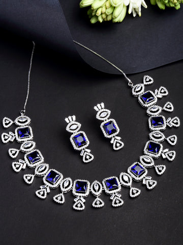 Karatcart Silver Plated Blue Square Shape Cubic Zirconia Necklace Set for Women