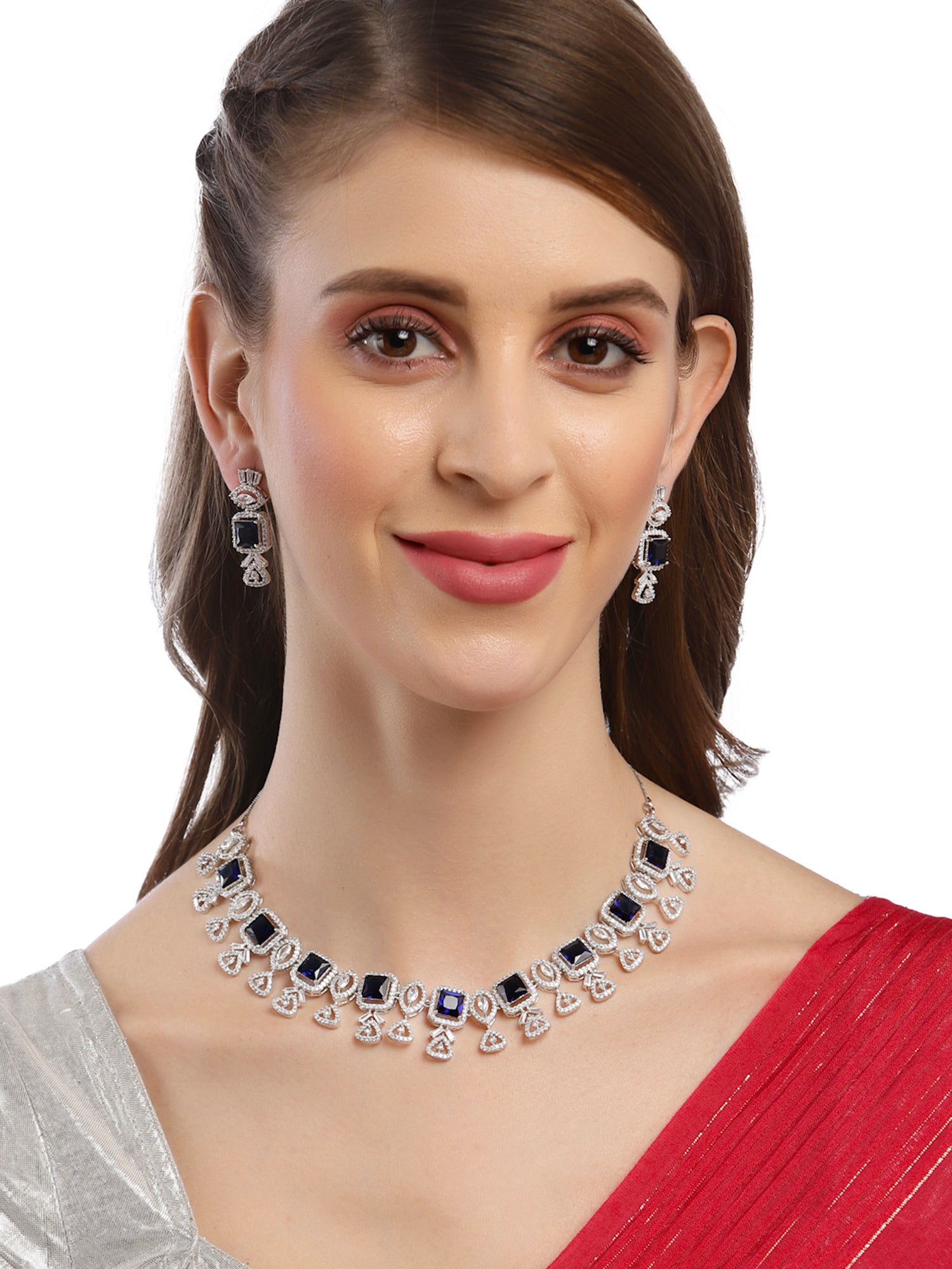 Karatcart Silver Plated Blue Square Shape Cubic Zirconia Necklace Set