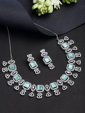 Karatcart Silver Plated Light Green Square Shape Cubic Zirconia Necklace Set for Women