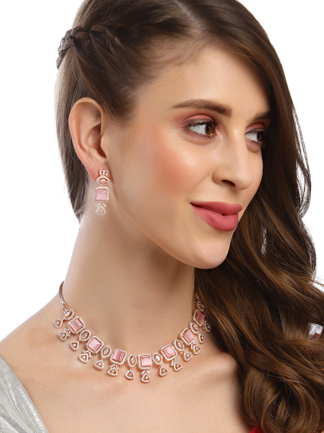 Karatcart Rose Gold Plated Pink Square Shape Cubic Zirconia Necklace Set for Women