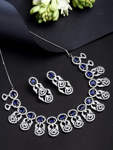 Karatcart Silver Plated Blue Cubic Zirconia Studded Necklace Set for Women