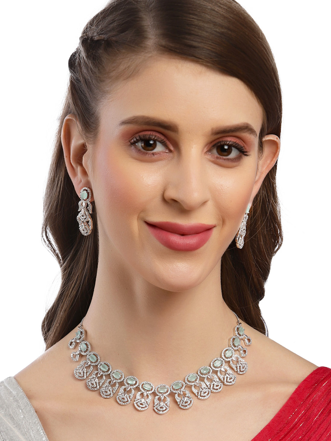 Karatcart Silver Plated Light Green Cubic Zirconia Studded Necklace Set for Women