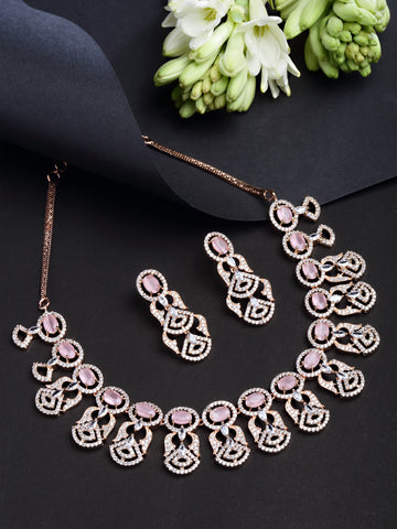 Karatcart Rose Gold Plated Pink Cubic Zirconia Studded Necklace Set for Women