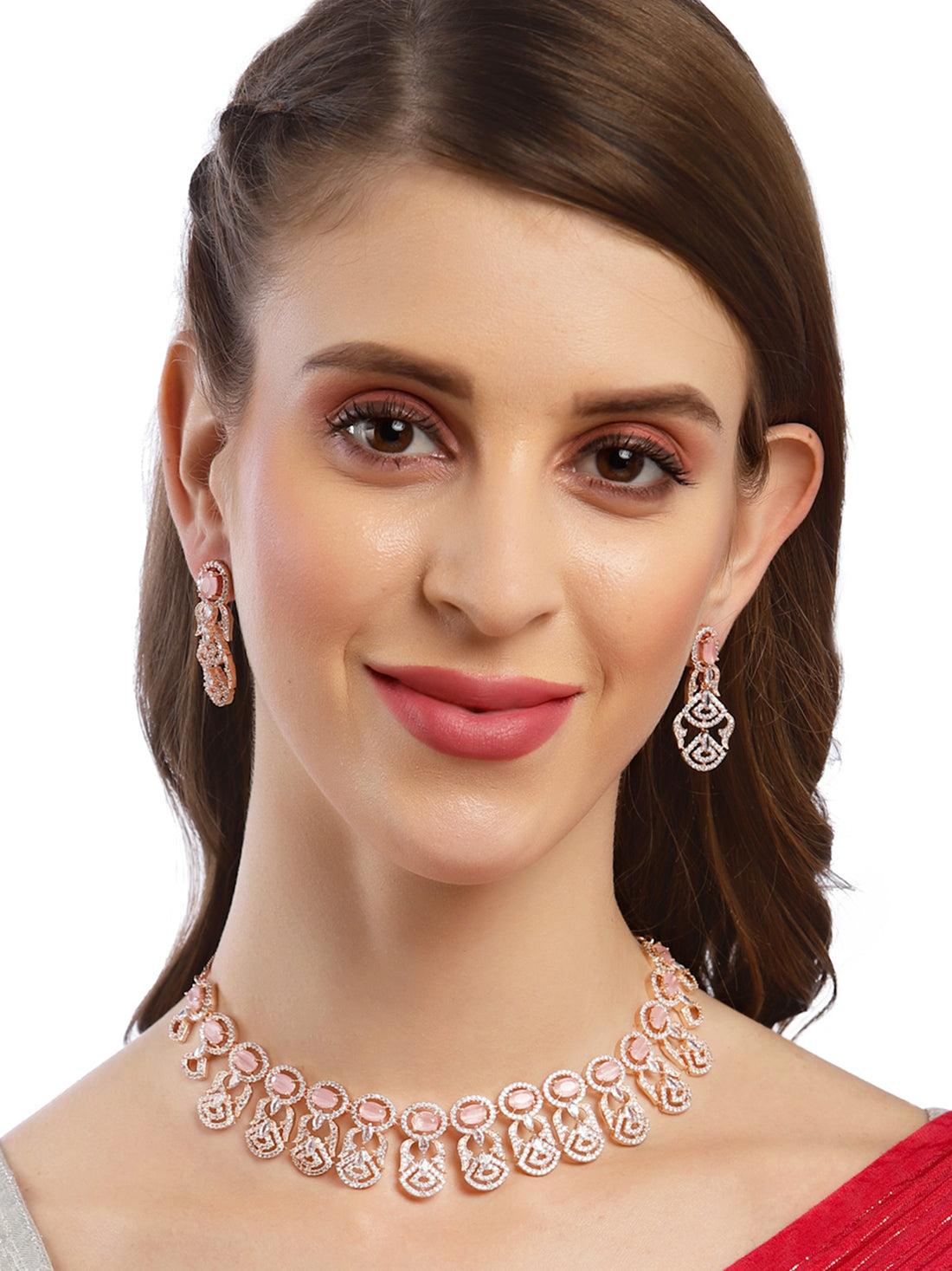 Karatcart Rose Gold Plated Pink Cubic Zirconia Studded Necklace Set for Women