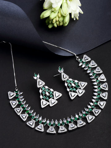 Karatcart Silver Plated Triangle Shape Green Cubic Zirconia Studded Necklace Set for Women