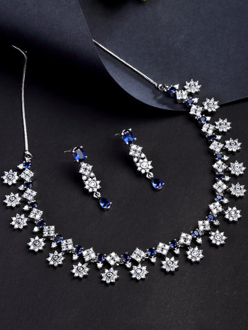 Karatcart Silver Plated Star Shape Blue Cubic Zirconia Studded Necklace Set for Women