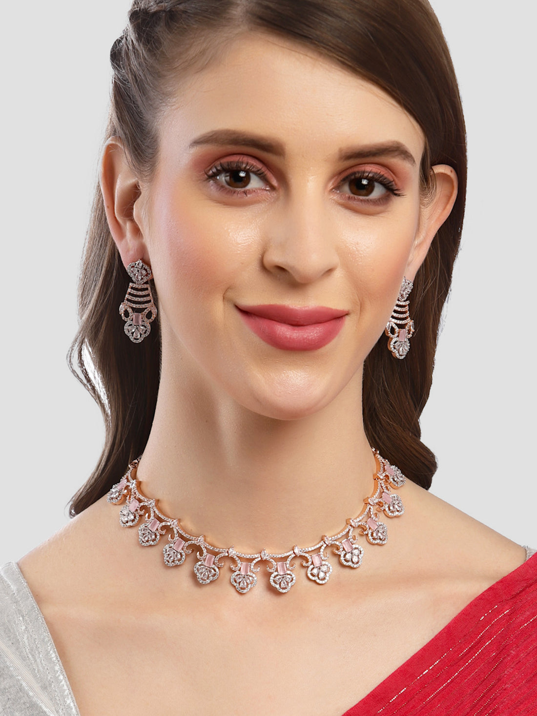 Karatcart Rose Gold Plated Pink Cubic Zirconia Stone Studded Necklace Set for Women