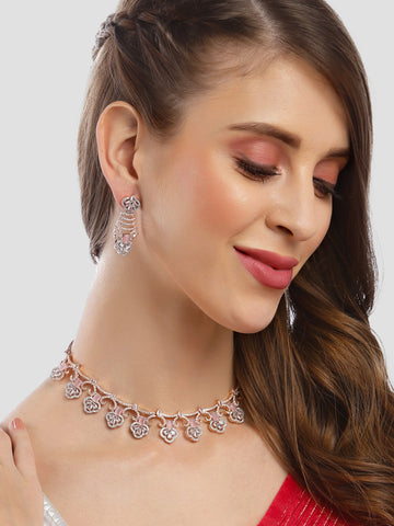 Karatcart Rose Gold Plated Pink Cubic Zirconia Stone Studded Necklace Set for Women