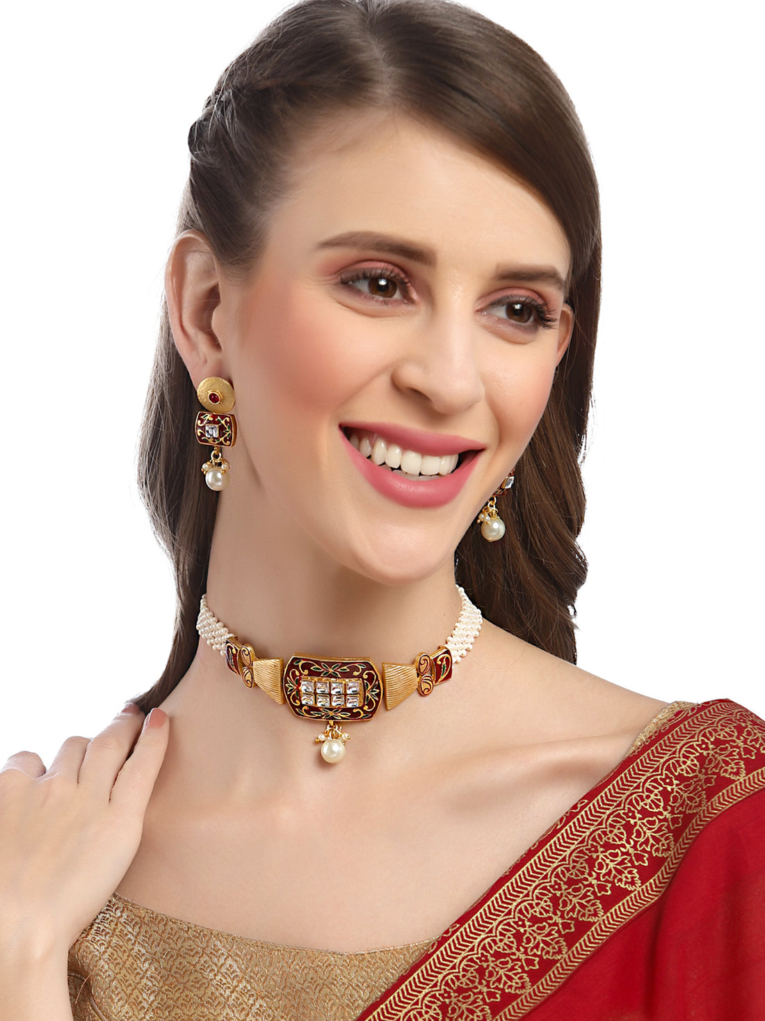 Karatcart Red Meena Pearl Beaded Choker Necklace Set