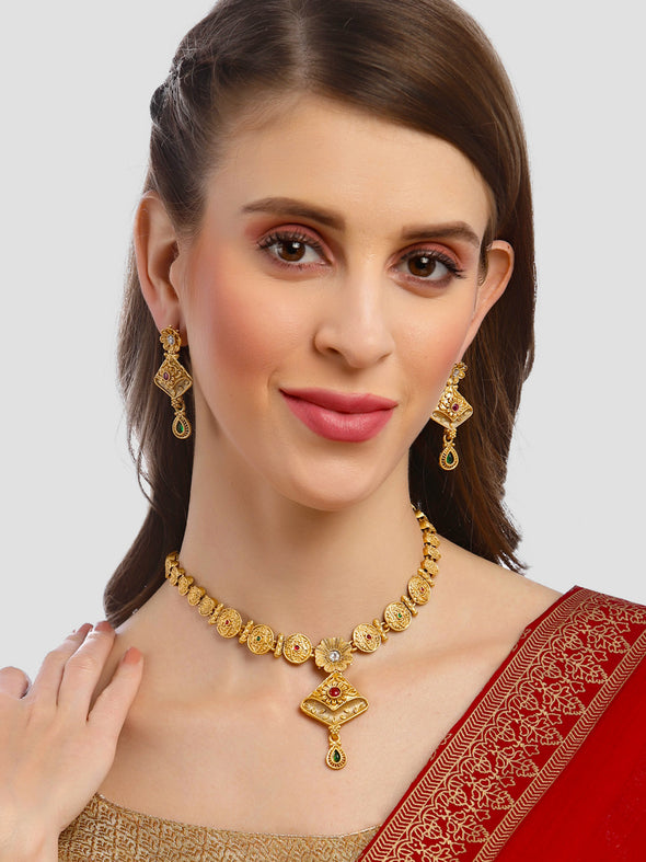 Karatcart Gold Plated Classic Floral Temple Necklace Set