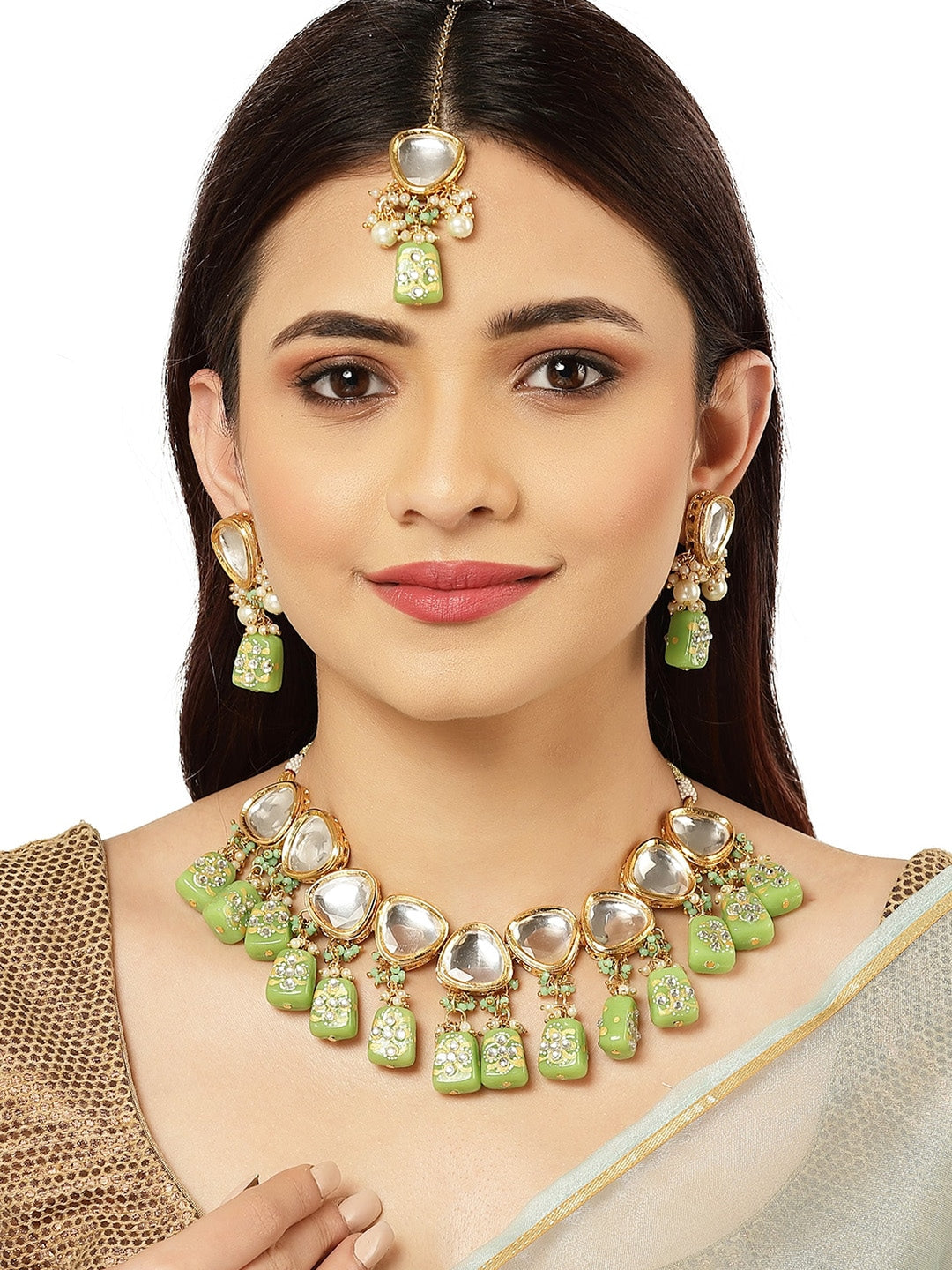 Gold-Plated White Kundan-Studded Beaded Jewellery Set