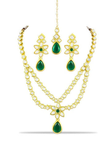 Karatcart 22K GoldPlated Kundan Layered Green Drop Ethnic Necklace Set for Women