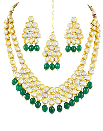 karatcart Women's 22K Gold-Plated Kundan Drop Necklace Set(Green)