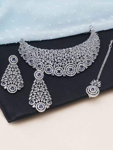 Silver-Plated White & Blue American Diamond Studded Jewellery Set