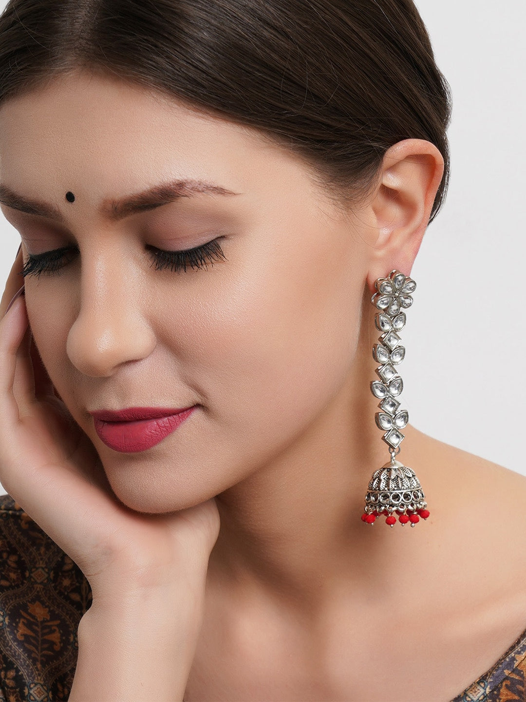 Red & Silver-Toned Floral Jhumkas Earrings