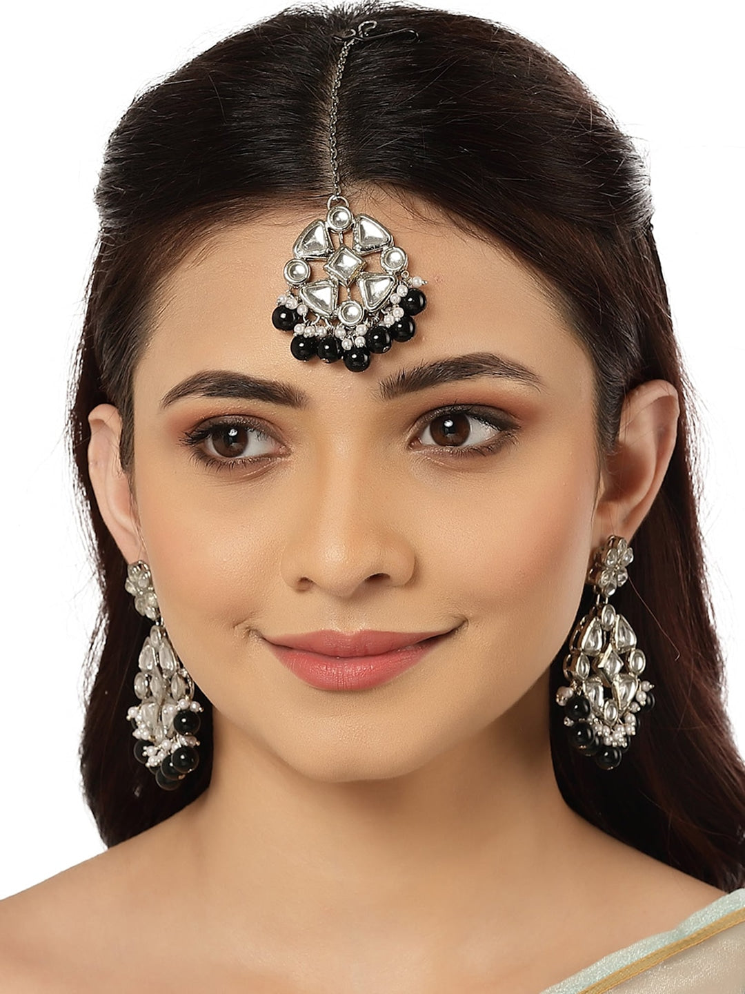 Silver-Plated White & Black Kundan-Studded Earring with Maangteeka
