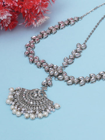 Women Silver-Plated & White Kundan-Studded Peacock Shaped Sheeshphool