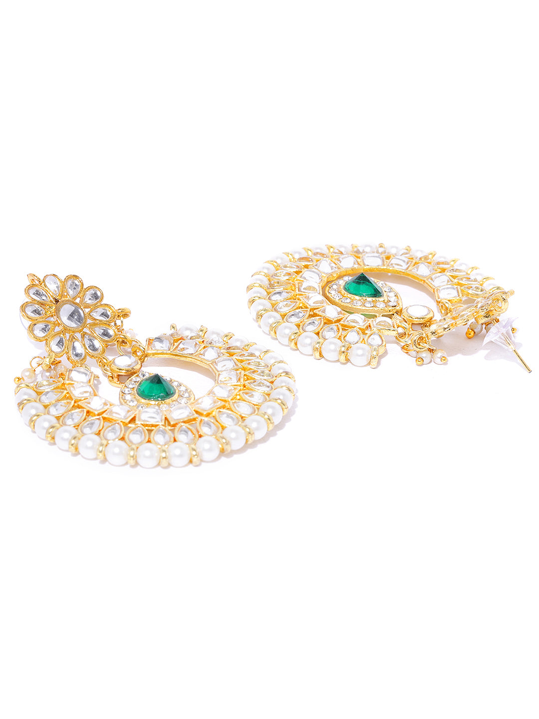 Kundan Green Stone Chandbali Earrings - view 7