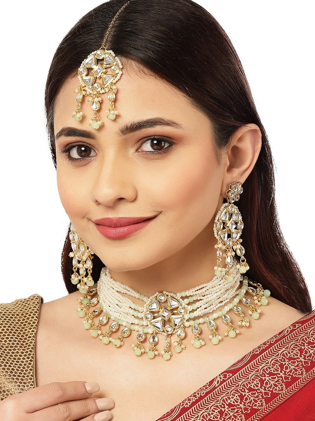 Gold-plated Light Green Beads Kundan Studded Jewellery Set