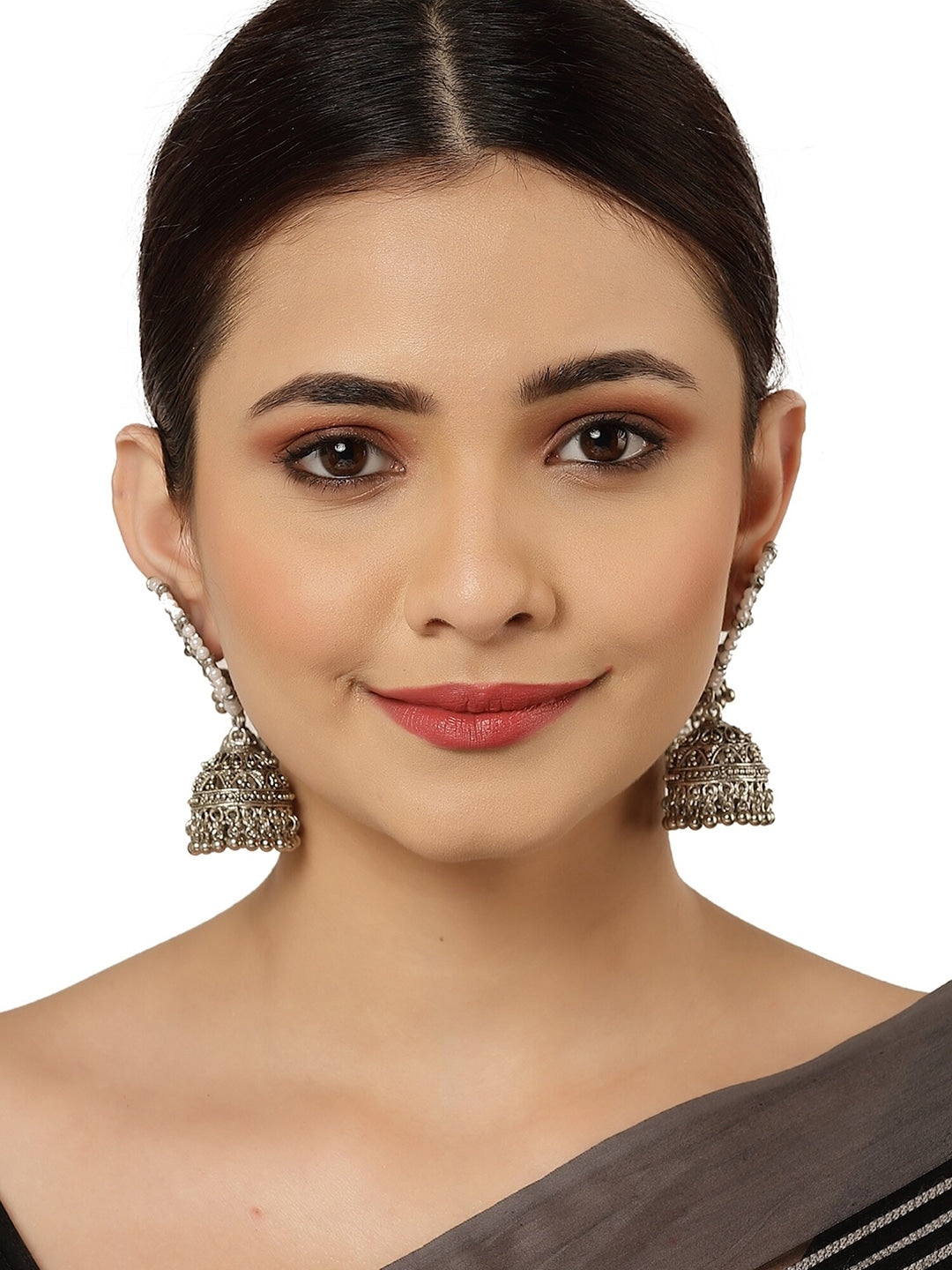 Silver-Toned Floral Jhumkas Earrings