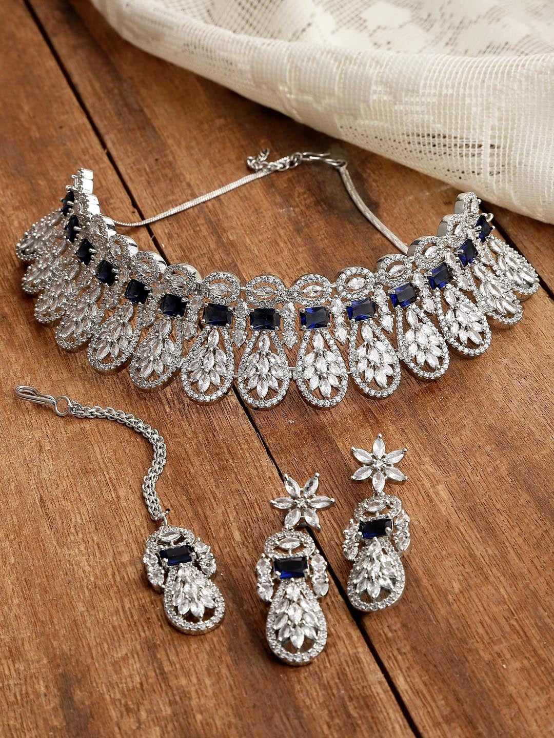 Silver-Plated Blue American Diamond Studded Handcrafted Jewellery Set
