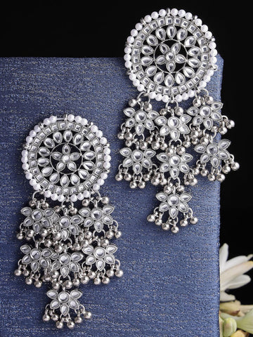 Silver-Toned Floral Jhumkas Earrings