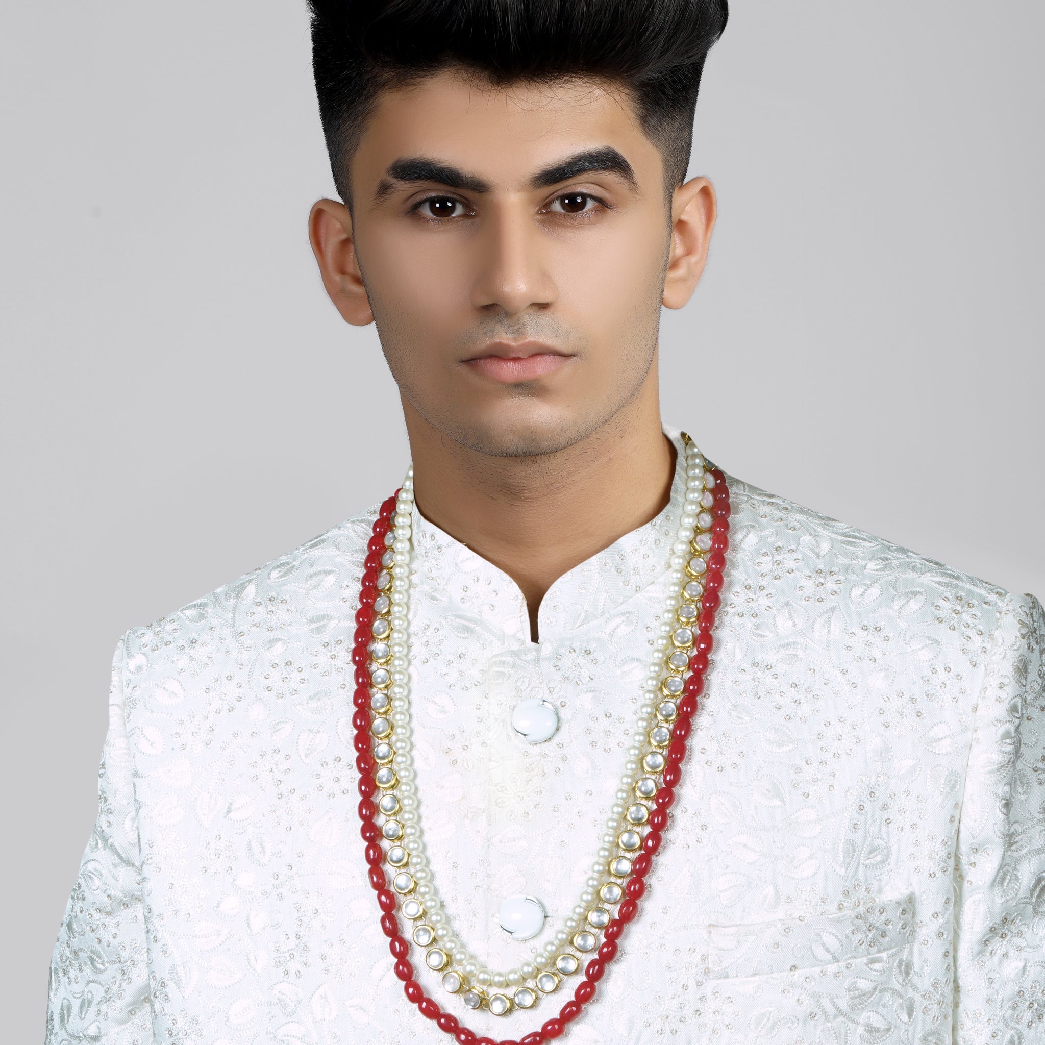 Pearl and Red Beads Kundan Maharaja Moti Mala for Men