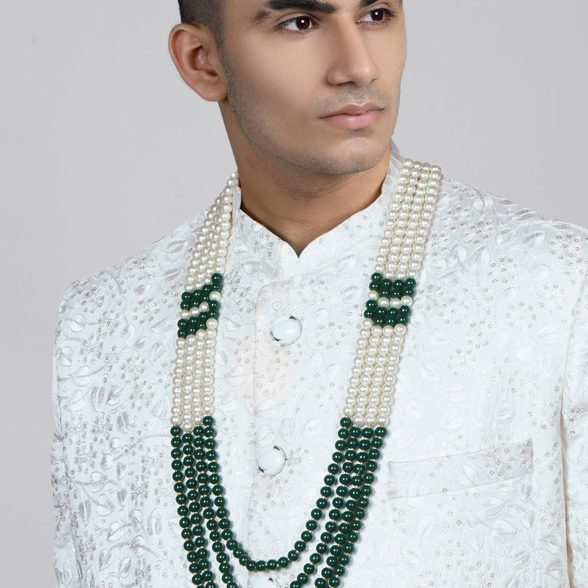 Traditional Green and White Beads Maharaja Moti Mala for Men