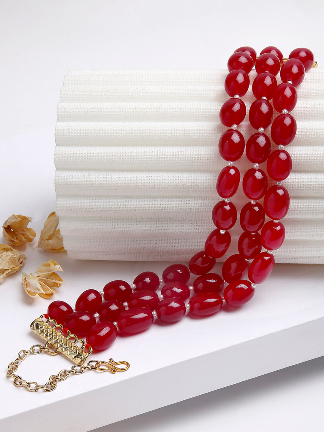 Red Tumble Stone Studded Beaded Choker Necklace for Women