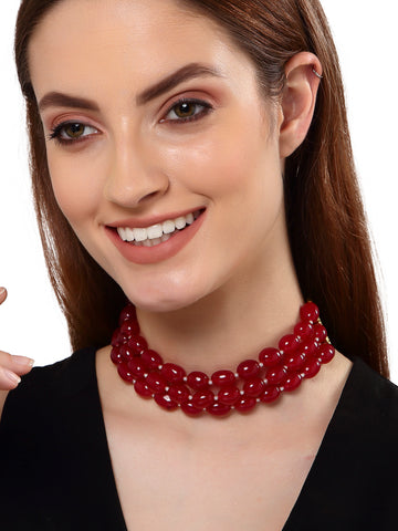 Red Tumble Stone Studded Beaded Choker Necklace for Women