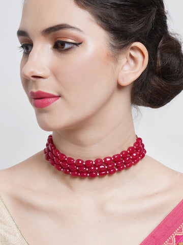 Red Stone Studded Beaded Choker Necklace