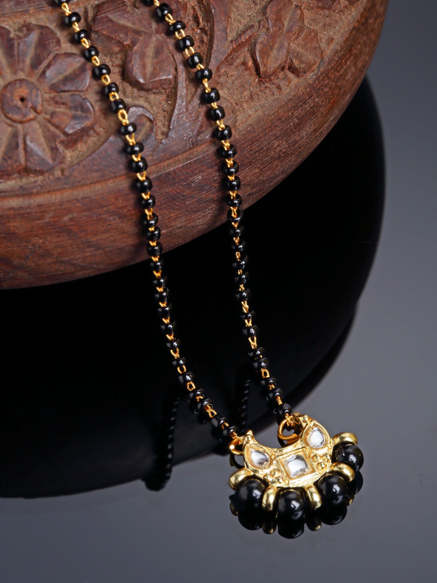 Gold Plated Black Beaded Kundan Mangalsutra