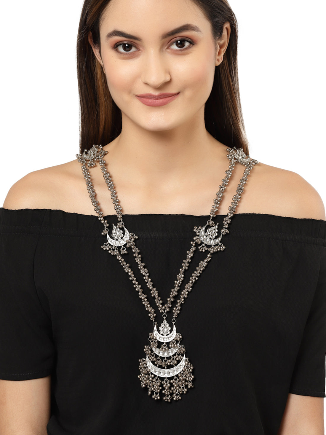 Karatcart Oxidised Silver Studded Long Kundan Necklace for Women