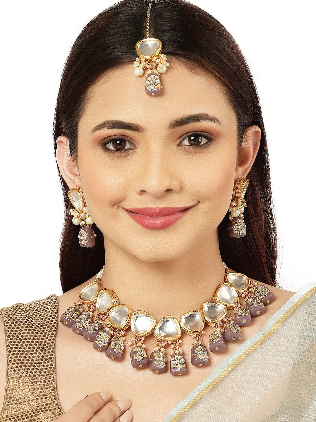 Gold-Plated White Kundan Polki Studded Beaded Jewellery Set