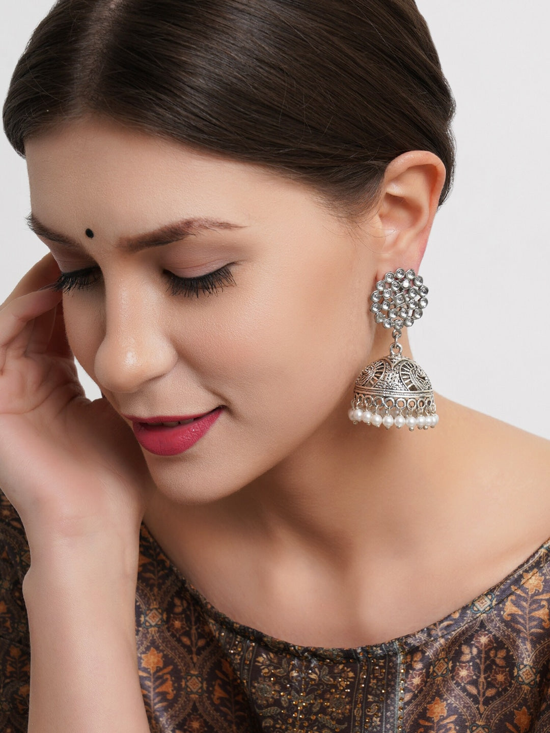 Silver-Toned Floral Jhumkas Earrings