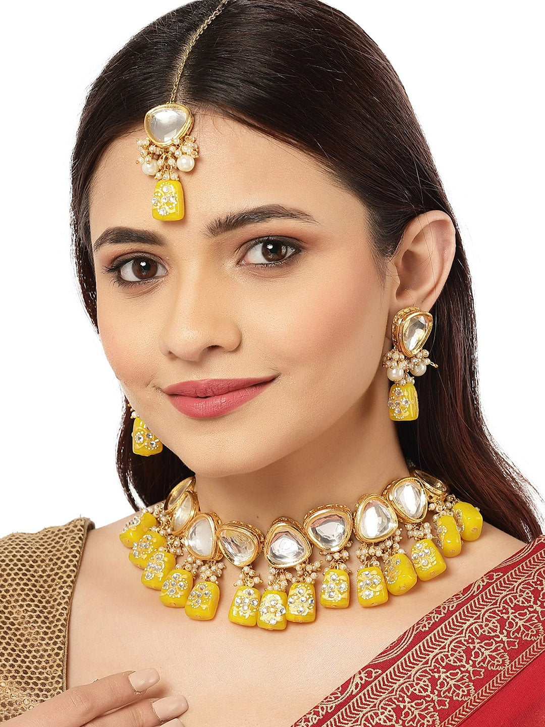 Gold-Plated Light Yellow Tumble And Polki Kundan Studded Jewellery Set