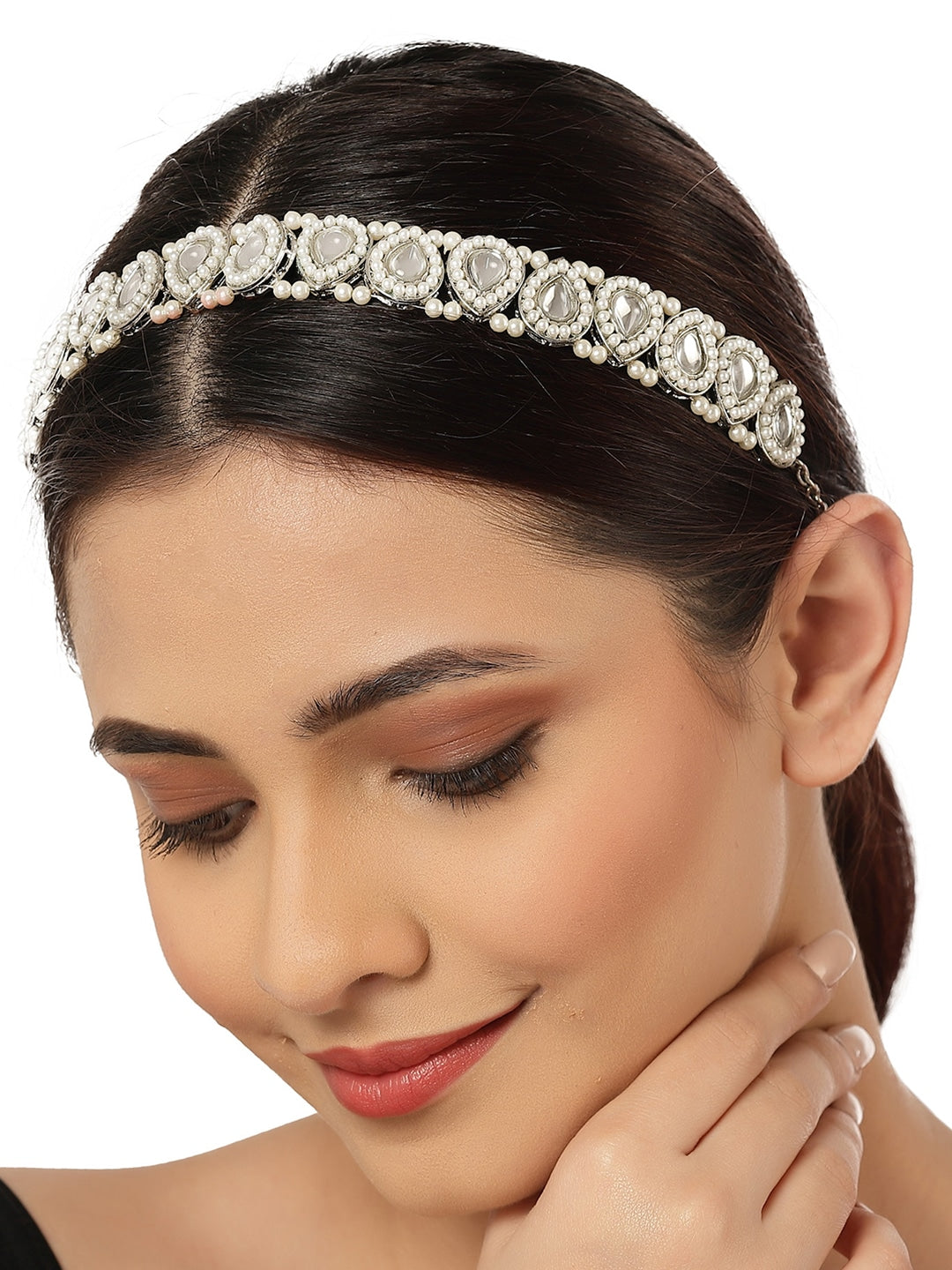 Women White & Silver-Toned Oxidised Kundan Studded Hairband