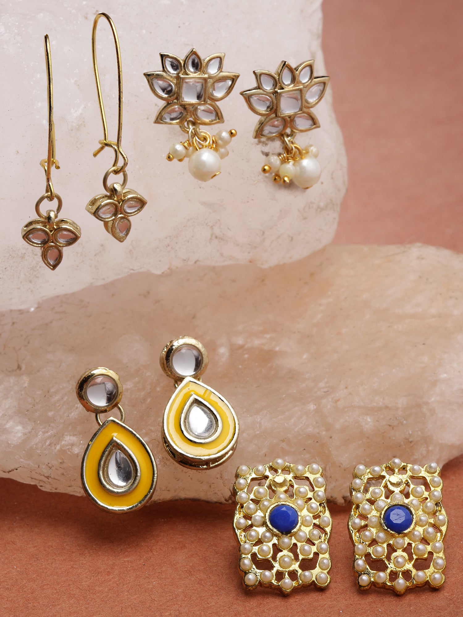 Karatcart Set of 4 Handcrafted Kundan Earrings Combo for Women