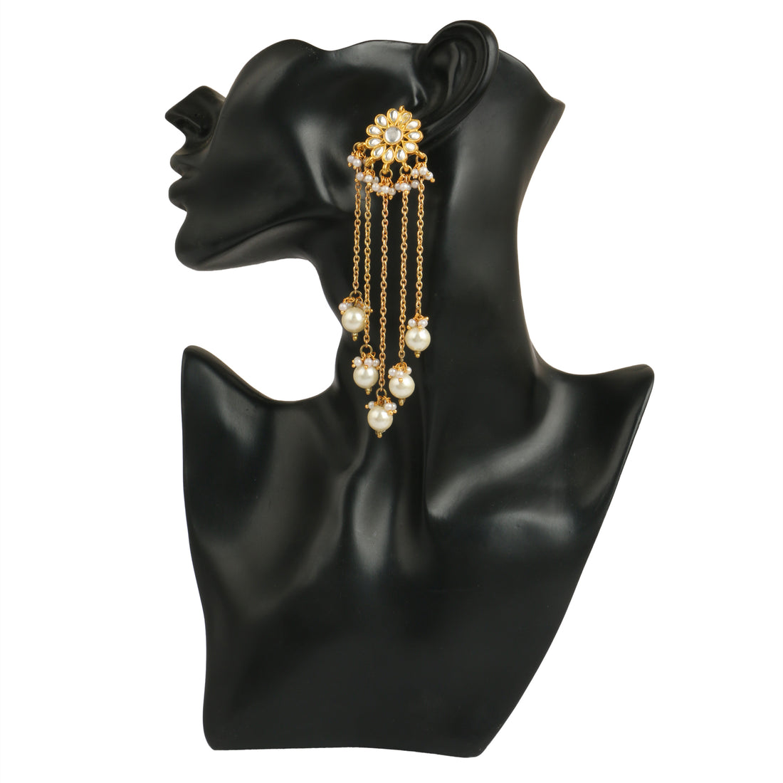 Karatcart Kundan Earrings with Chain and Pearl Tassels