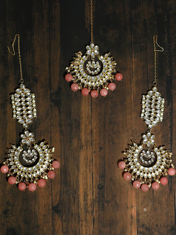 Kundan Peach Drop Kaanchain Earrings with Maangtikka