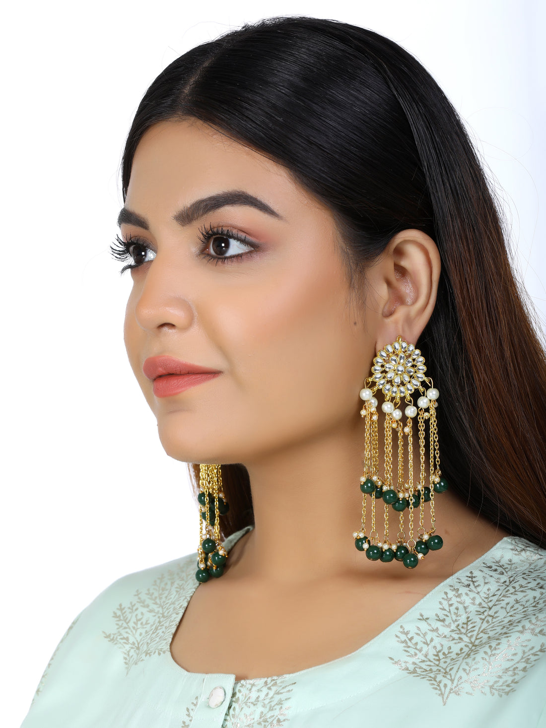 Kundan Dark Green Tassel Earrings